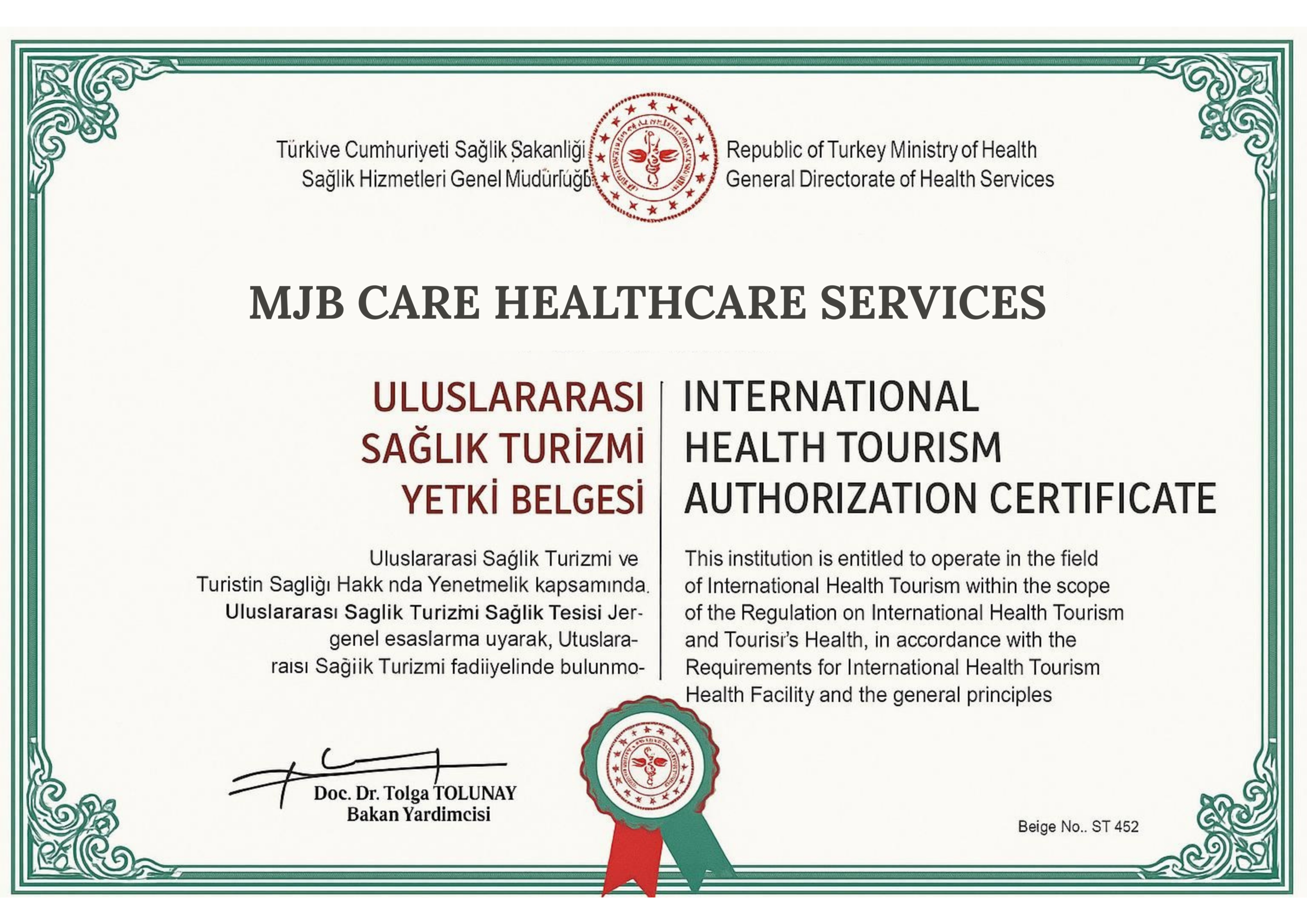Picture of certificate - MJB Care Healthcare Services - International Healthcare Tourism Authorization Certificate - Republic of Turkey Ministry of Health - General Directorate of Health Services